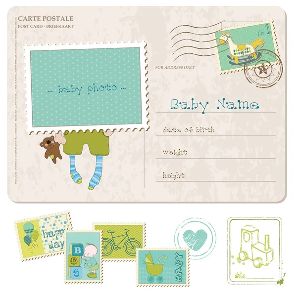 Baby Boy Birthday Postcard with set of stamps — Stock Vector