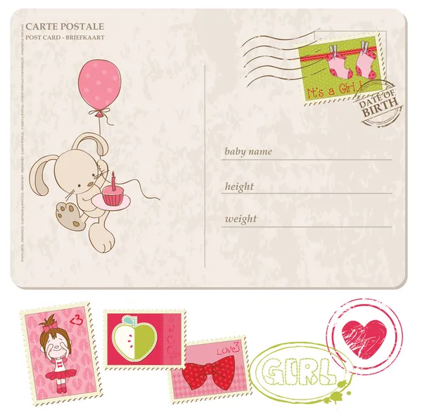 Baby Girl Greeting Postcard with set of stamps Royalty Free Stock Vectors