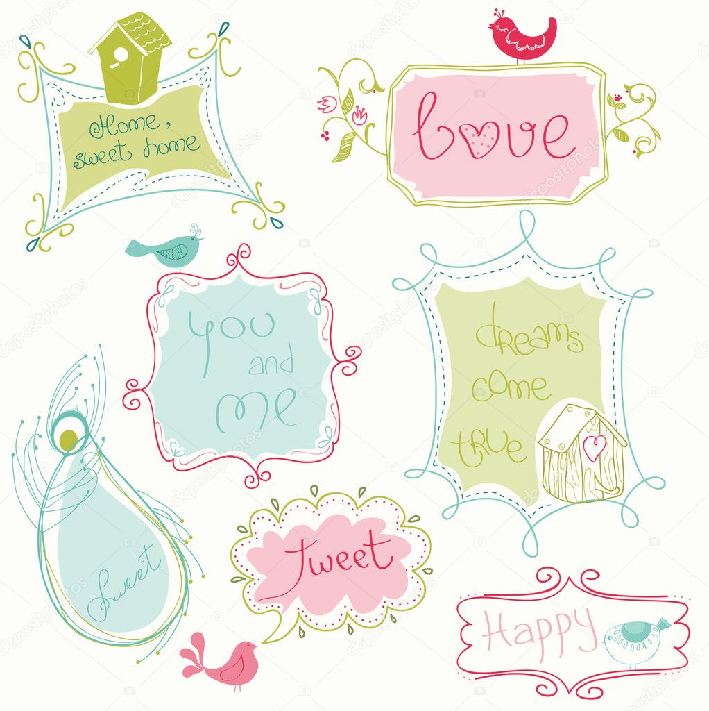 Sweet Doodle Frames with Birds and Bird Houses
