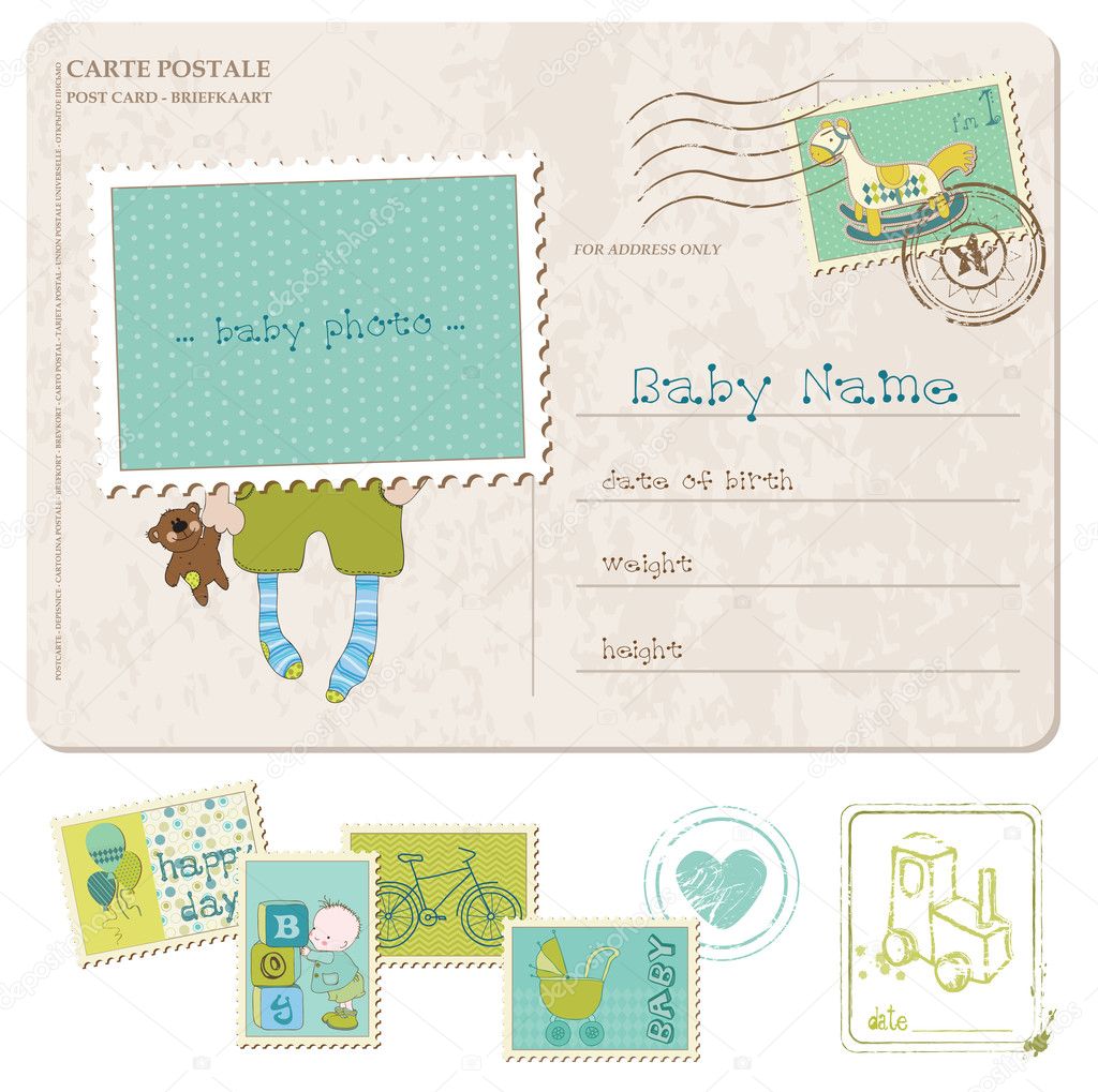 Baby Boy Birthday Postcard with set of stamps