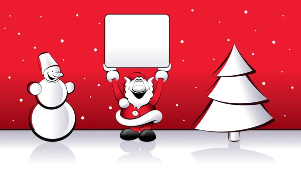 Arbre de Noël, Père Noël et bonhomme de neige sont sur un fond rouge — Image vectorielle