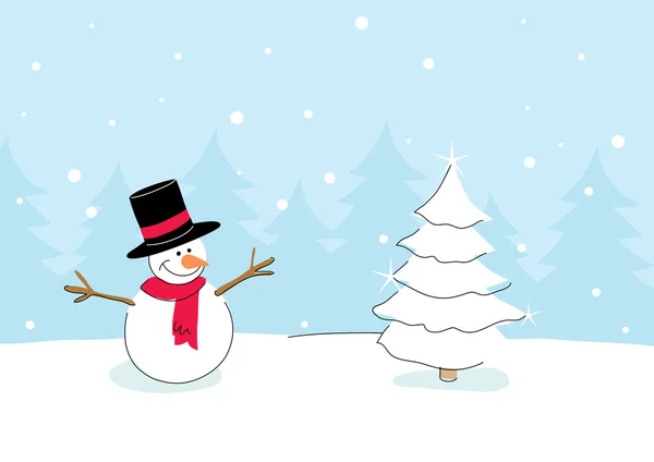 Sneeuwpop met kerstboom zijn op van het bos achtergrond — Stockvector