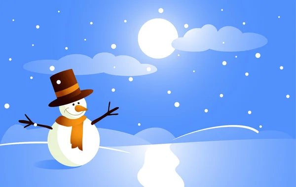Muñeco de nieve con sombrero están sobre un fondo azul — Vector de stock