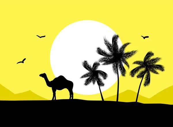 附近的棕榈树在沙漠中的骆驼 — 图库矢量图片