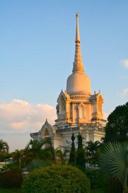 Beyaz Budist stupa günbatımı ışıklarda, Tayland.