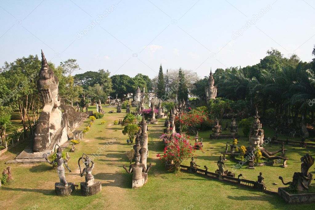 Buddha statues at the beautiful and bizarre buddha park in Vientiane, Laos.