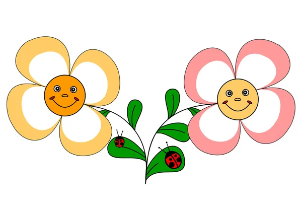 2 funny flowers and ladybugs — Stock Vector