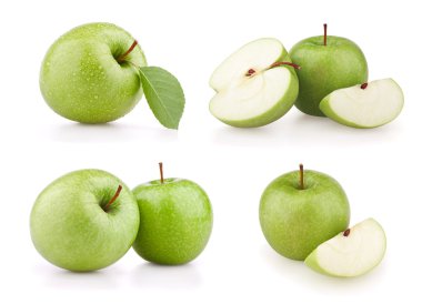 Set green apple fruits isolated on white clipart