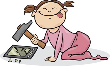 Baby girl destroying the smartphone clipart