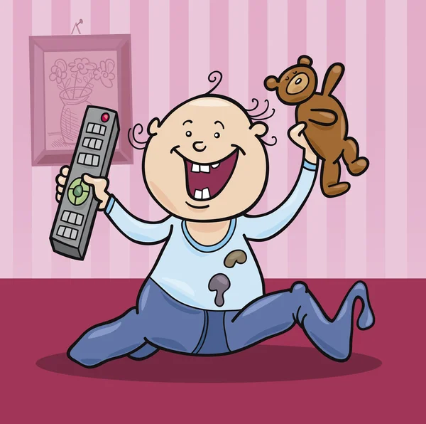 Garçon avec télécommande et ours en peluche — Image vectorielle