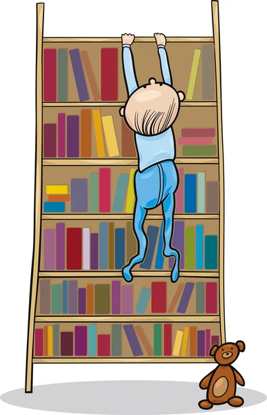 Мальчик забирается на книжный шкаф — стоковый вектор