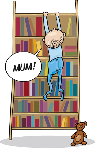 Baby boy climbing on bookcase — Stock Vector