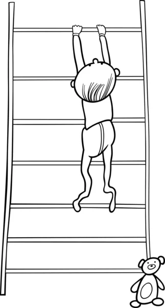 小男孩爬上书架的图画书 — 图库矢量图片