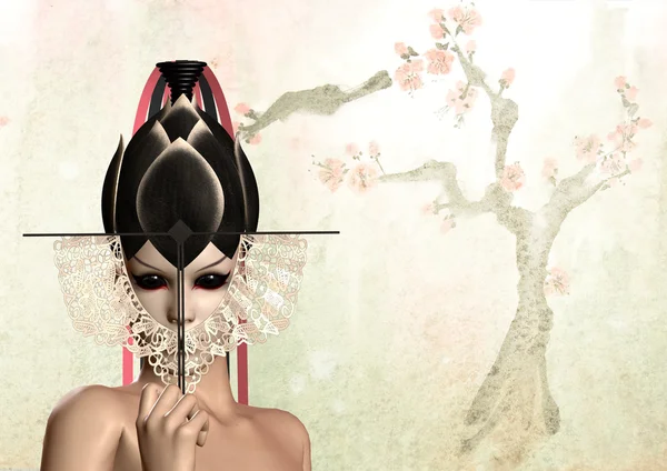 Geisha Japanse vrouw met zwarte ventilator over de boom — Stockfoto