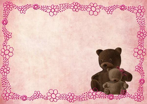 Teddy bear greeting card with pink flowers — Stock Photo, Image