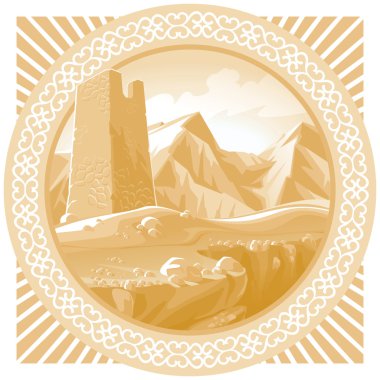 Ancient tower on the background of the Mountains clipart