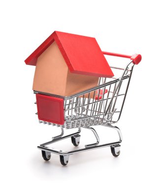 alışveriş sepeti ile kırmızı çatılı evi