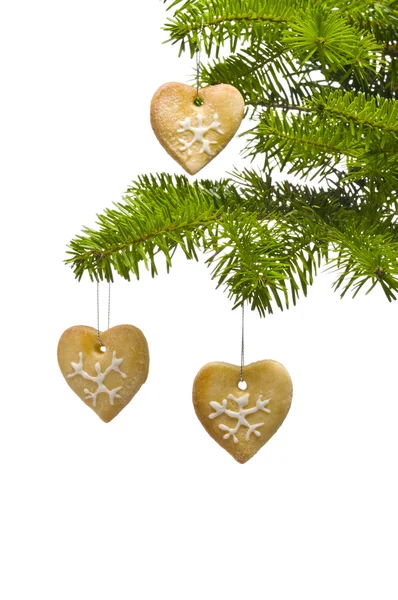 Boom hart vorm cookies als decoratie in een kerstboom — Stockfoto