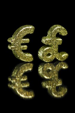 Altın glitter euro ve İngiliz Lirası simgesi