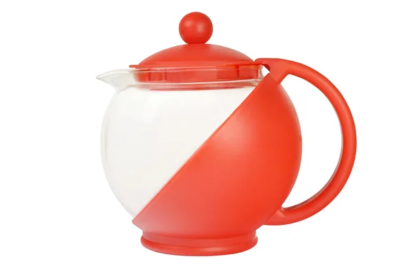 红色盘柜中的玻璃茶壶 — 图库照片