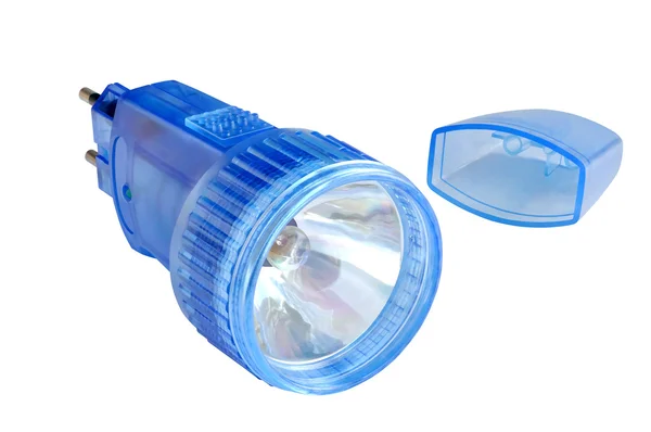 Rechargeable flashlight in a blue plastic case — Stock Photo, Image