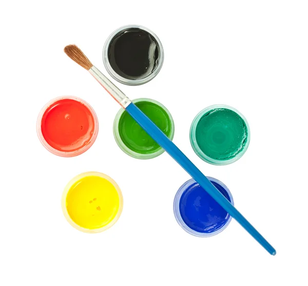 Borstel en kleurrijke gouache verf — Stockfoto