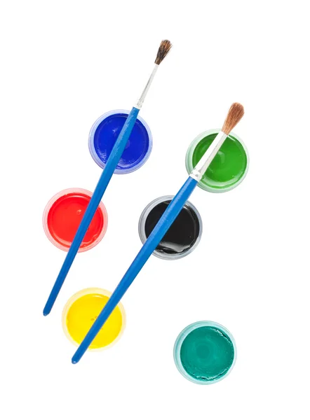 Brushes and colorful gouache paint — Stock Photo, Image