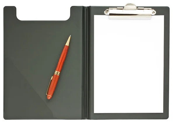 Blank black clipboard with a wooden pen — Stock Photo, Image