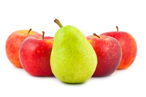 Four red apples and green pear — Stock Photo, Image