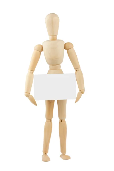 Wooden mannequin with blank card — Stock Photo, Image
