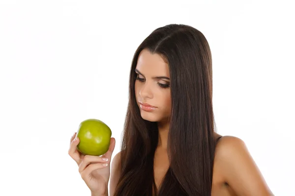 Chica con una manzana verde, emociones — Foto de Stock