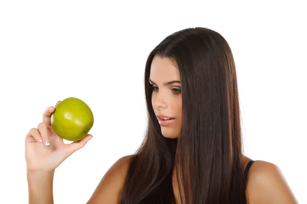 Девушка с зеленым яблоком, эмоции — стоковое фото