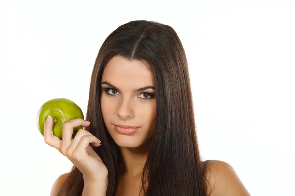 Dziewczyna z zielonym jabłkiem, emocje — Zdjęcie stockowe