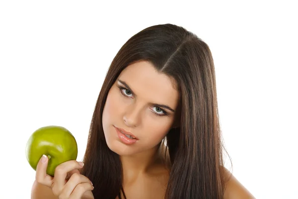 Девушка с зеленым яблоком, эмоции — стоковое фото