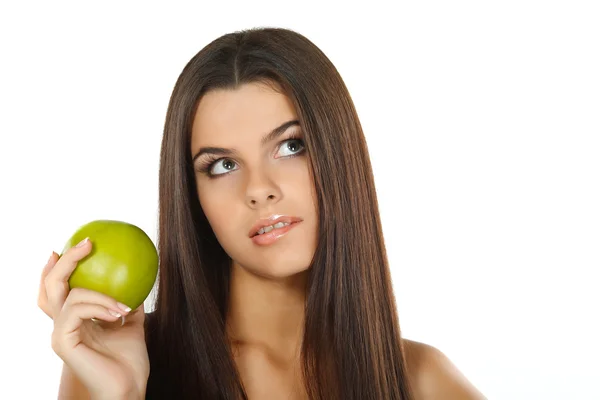 Girl with a green apple, emotions — Stock Photo, Image