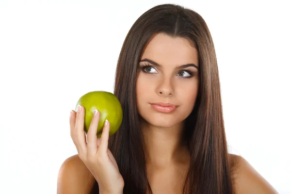 Girl with a green apple, emotions — Stock Photo, Image