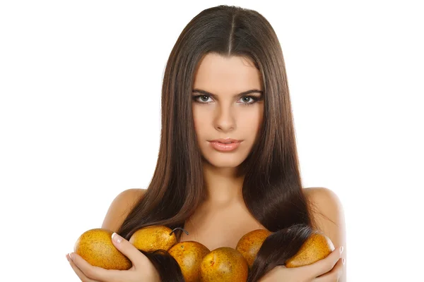 Flicka med ett päron, känslor — Stockfoto