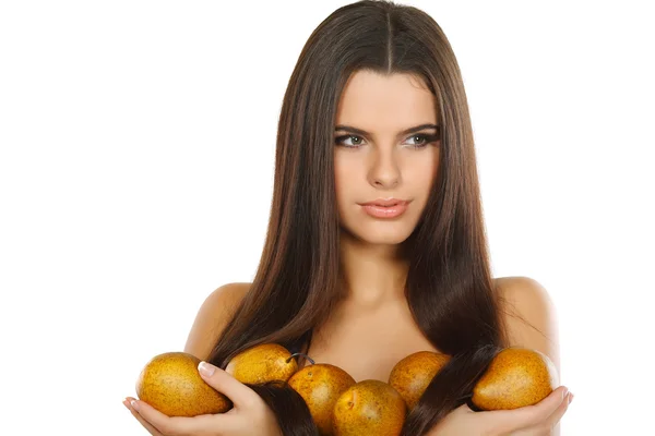 Girl with a pear, emotions — Stock Photo, Image