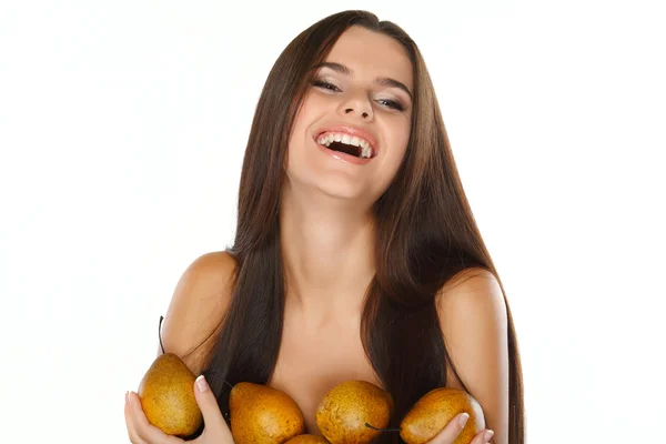 Girl with a pear, emotions — Stock Photo, Image