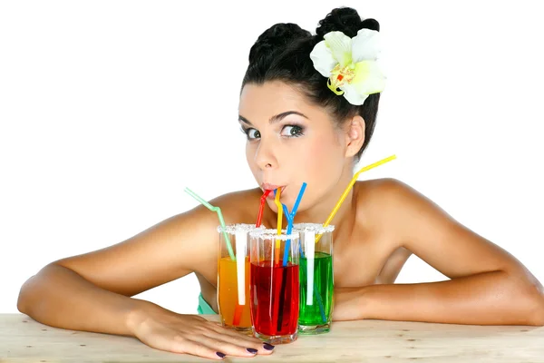 Menina sexual bonita com vidro de suco — Fotografia de Stock