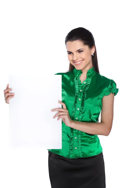 Young, beautiful brunette holds a banner — Stock Photo, Image