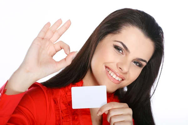 stock image Young, beautiful brunette holds a banner