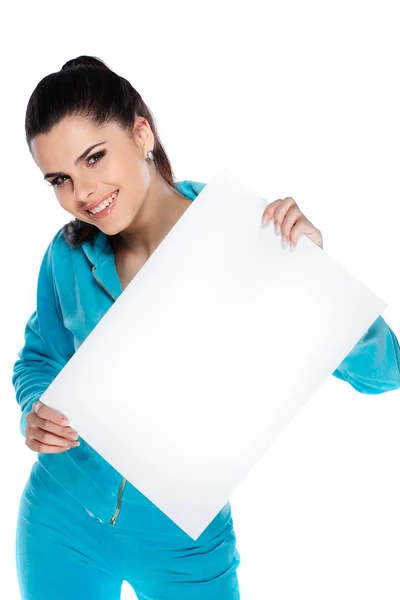 Mladá, krásná brunetka drží transparent — Stock fotografie