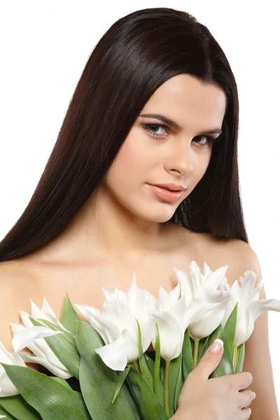 Hermosa joven con tulipanes —  Fotos de Stock