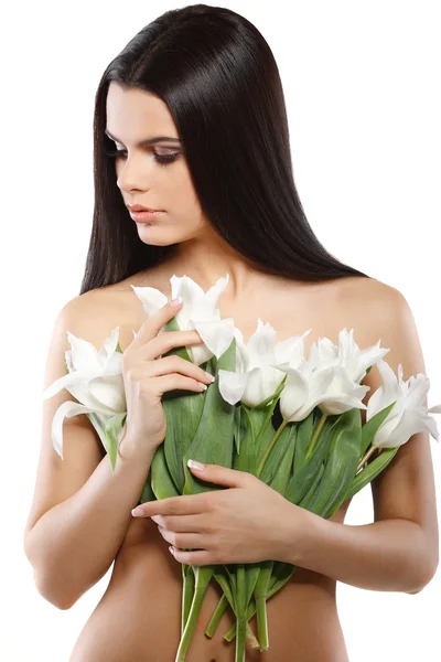 Piękna, młoda dziewczyna z tulipany — Zdjęcie stockowe