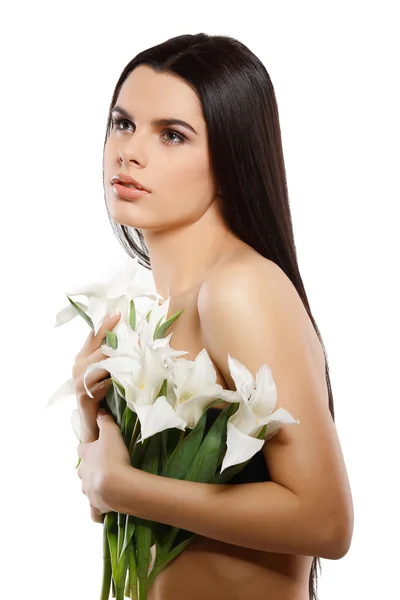 Hermosa joven con tulipanes — Foto de Stock