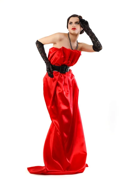 Jest to piękna młoda kobieta w czerwonym ubraniu — Zdjęcie stockowe