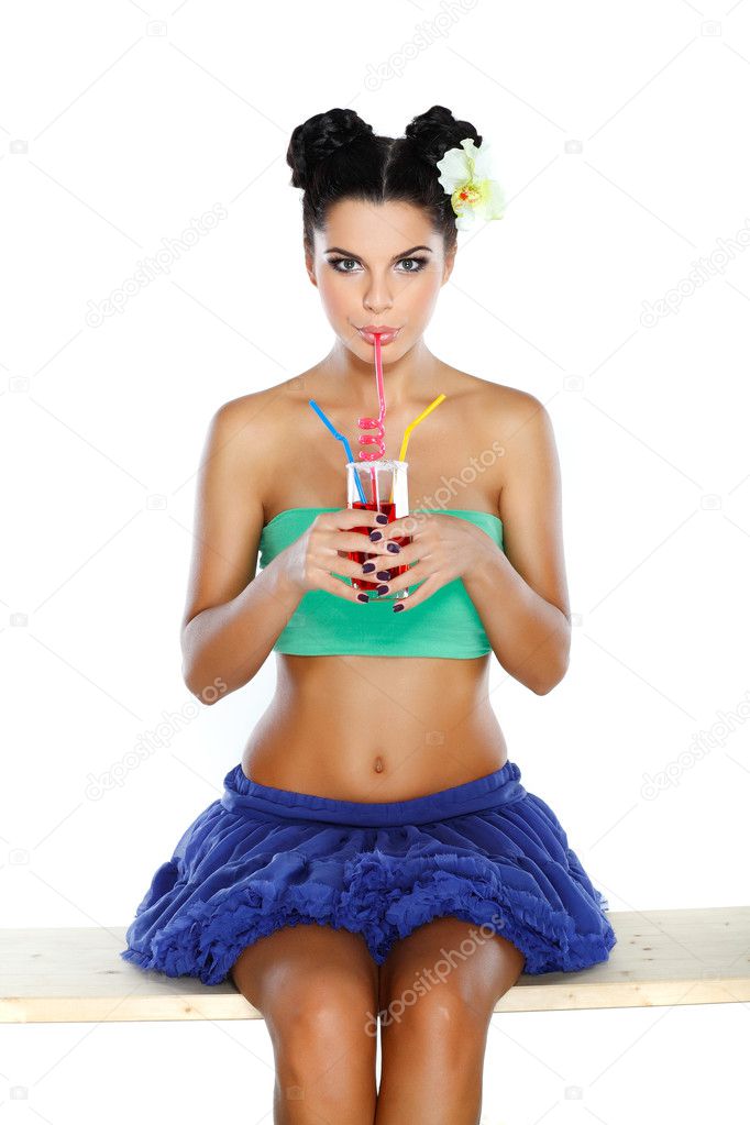 Beautiful sexual girl with glass of juice