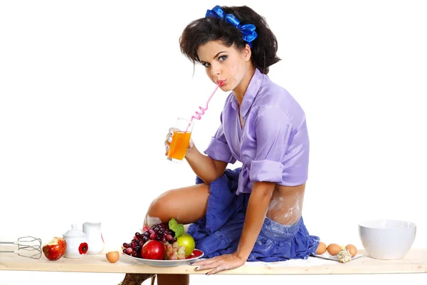 Photo of beautiful sexual brunette on a kitchen in style of pinap — Stock Photo, Image