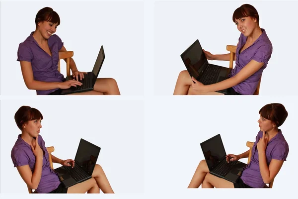Giovane bella ragazza impara un computer portatile — Foto Stock
